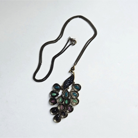 Peacock Chandelier Pendant Necklace Colorful Stones Boho Festival Cocktail Retro - Picture 8 of 12